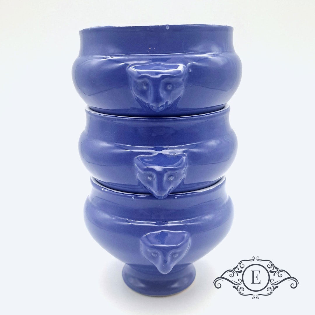 Rare Set of 3 Blue Emile Henry Lion Head Soup Bowls, Traditional French