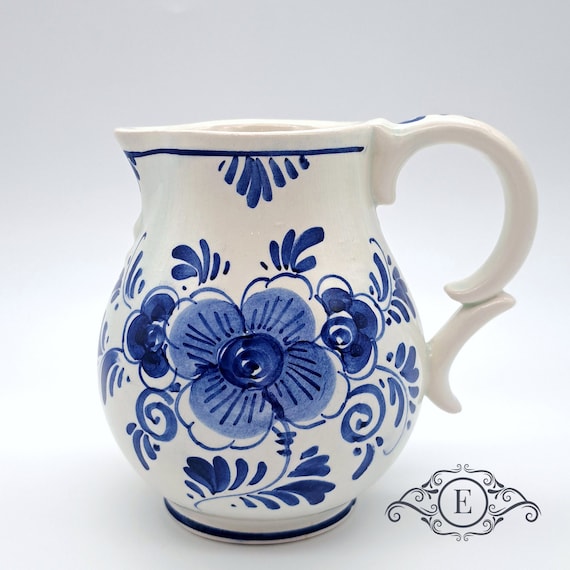 Floral Delft Blue Vintage Dutch Pitcher, Handpainted, Flowers
