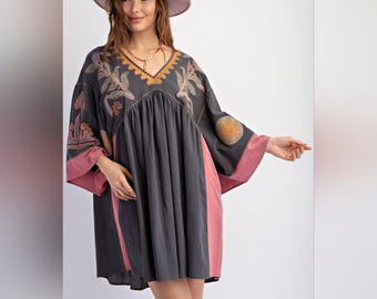 Bohemian Floral Embroidered Linen Woven Loose Short Dress | Gray Pink 3/4 Wide Sleeves Dress | Oversize Boho Western Clothing Outfit