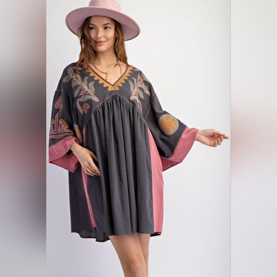 Bohemian Floral Embroidered Linen Woven Loose Short Dress | Gray Pink 3/4 Wide Sleeves Dress | Oversize Boho Western Clothing Outfit