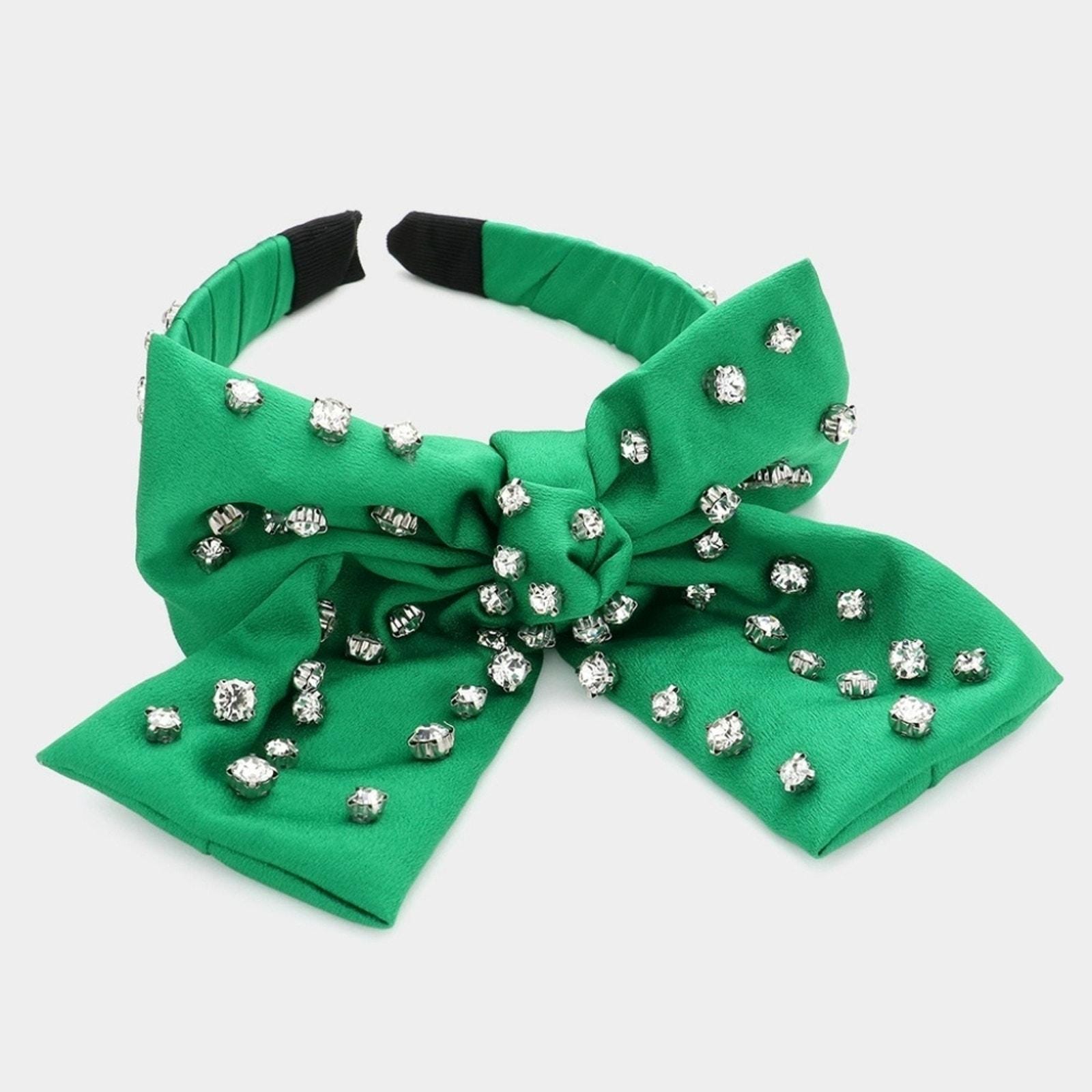 Handmade Embellished Lime Green Bow with Crystals Headband Green satin bow with embroidered crystals | Tétè Handmade  main image 4