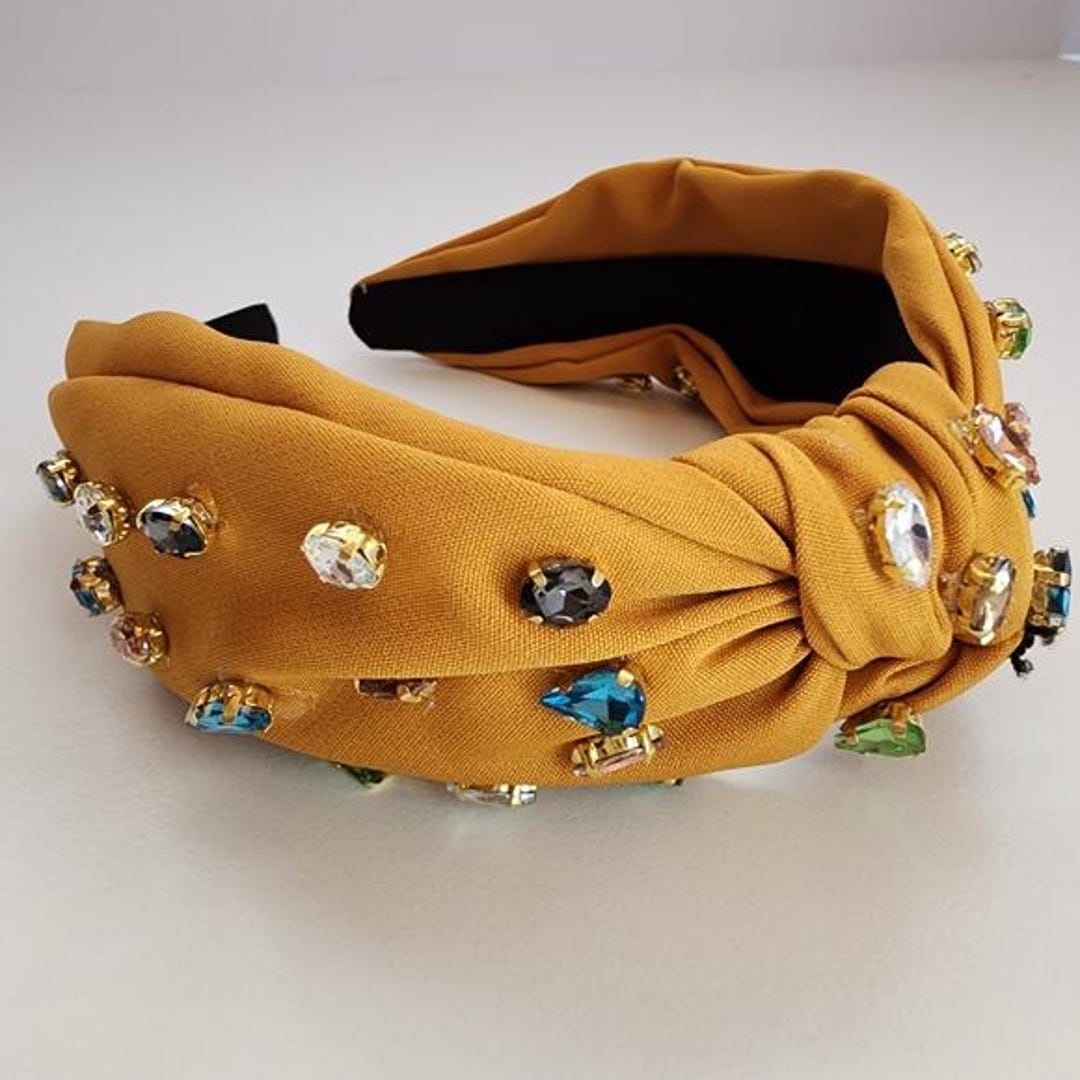 Yellow Mustard Teardrop Marquise Stone Embellished Knot Burnout Headband yellow_headband_tweed_uglam.  main image 3