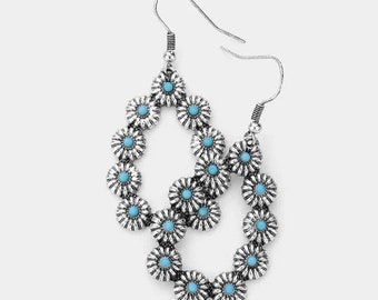 Turquoise Floral Dangle Earrings, Antique Silver Western Earrings, Southwestern Boho Jewelry