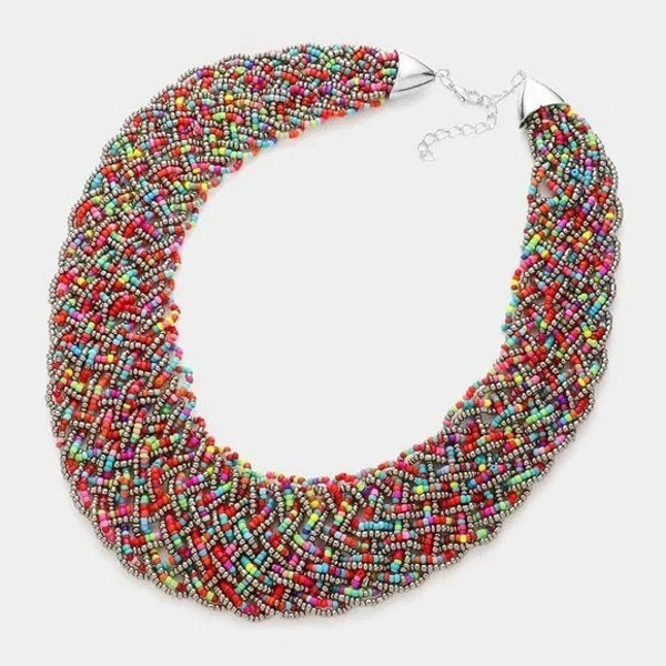 Multicolor Seed Beaded Bib Necklace | Colorful Statement Necklace Set Earrings  | Chunky Rainbow Braided Necklace | Boho Jewelry