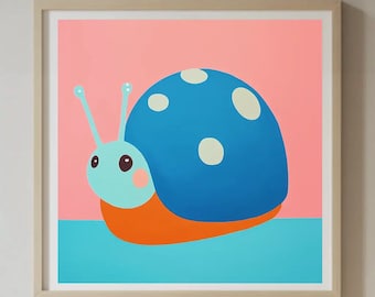 Puede incluir: Un caracol azul con manchas blancas en su caparazón, sobre un fondo rosa y azul.