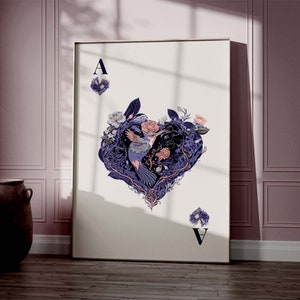 Ace of Hearts Playing card Illustration DIGITAL DOWNLOAD Instant Wall Art Lilac Pink & Navy, Pretty design, Love, Heart, Bird Gift, Trendy