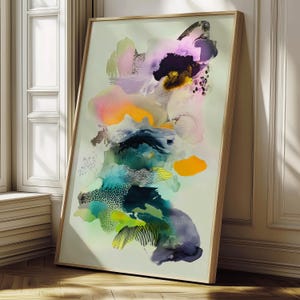 Dipinto astratto eclettico ispirato alla spiaggia, con colori neon arancioni, rosa e blu con strati di inchiostro, tecnica mista, arte murale. Stampa che cattura l'attenzione.