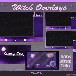 May include: A digital graphic set of witch-themed overlays in shades of purple and black, designed for streaming. The set includes animated chat boxes, a "Starting Soon" screen, and other decorative elements with moons, stars, and potion bottles. The text "Witch Overlays" is displayed at the top.