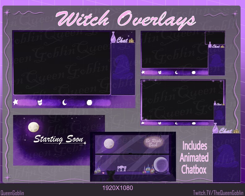 May include: A digital graphic set of witch-themed overlays in shades of purple and black, designed for streaming. The set includes animated chat boxes, a "Starting Soon" screen, and other decorative elements with moons, stars, and potion bottles. The text "Witch Overlays" is displayed at the top.