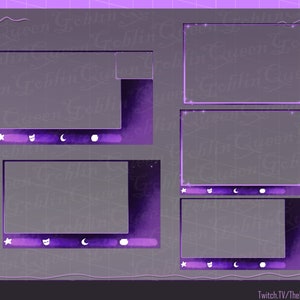 May include: A digital overlay design in shades of purple and gray, featuring multiple rectangular frames with decorative borders. The design includes star, cat, and moon icons, with the text "QueenGoblin" and "Twitch.TV/TheQueenGoblin".