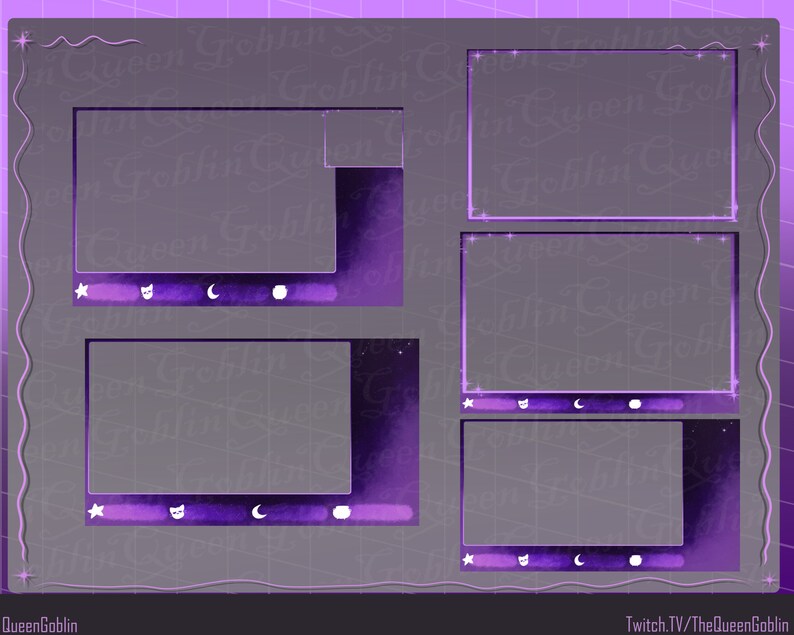 May include: A digital overlay design in shades of purple and gray, featuring multiple rectangular frames with decorative borders. The design includes star, cat, and moon icons, with the text "QueenGoblin" and "Twitch.TV/TheQueenGoblin".