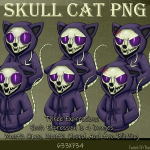 May include: A digital illustration of a cartoon skull cat wearing a purple hoodie. The cat has four different expressions: mouth open, mouth closed, and two blinking expressions. The image is 633 pixels wide by 734 pixels tall.