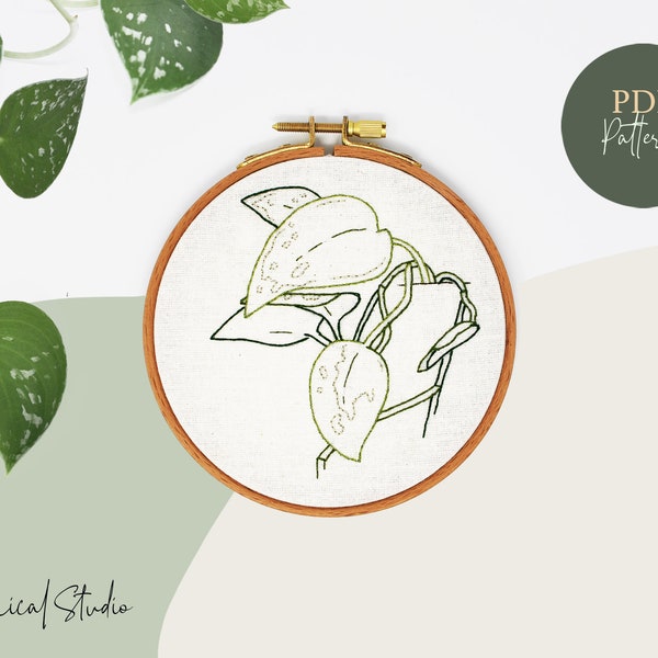 Embroidery Pattern | Pothos | Botanical | Plant | Digital PDF Pattern | Upcycling | Hoop or Object Embroidery | Modern Hand Embroidery