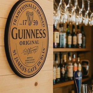 Guinness Beer Sign: Rustic Oak Veneer Mancave Pub Decor (50cm Plaque)
