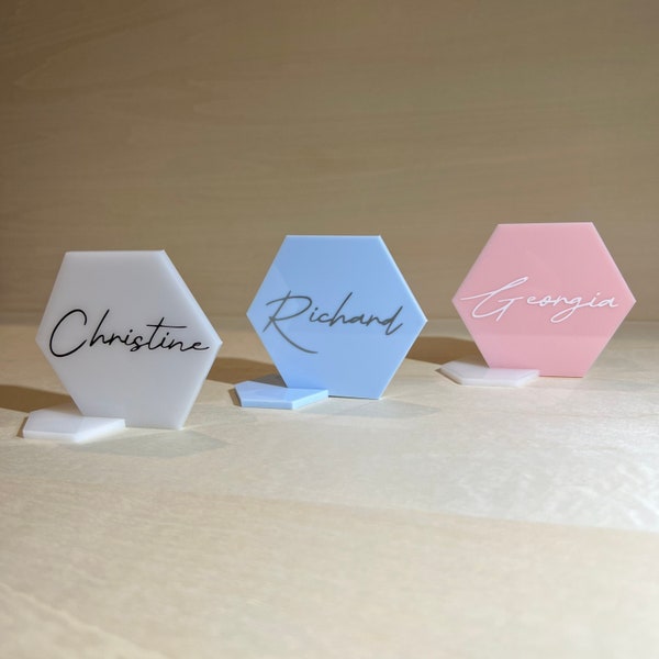 Hexagon Acrylic place cards | Pastel namecards | Table setting names | Pastel Wedding Placecards | Wedding guests |