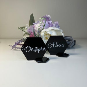 Tarjetas de lugar acrílicas hexagonales / Ajuste de la mesa / Tarjetas de posición acrílicas negras / Invitados de boda / Ajuste de mesa de boda /