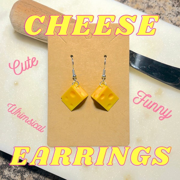 Cheese Earrings - Dangly Cute 3D Cheesy Realistic Food Earrings of Swiss Cheese Blocks