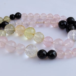 Multi Quartz Gemstone Necklace, Rose Quartz, Lemon Stone, Ball Beads- 4Mm to 9Mm Faceted Necklace 925 Silver Looks Women&#39;s Mulit Jewelry