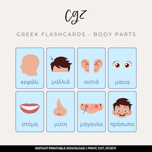 Greek Body Parts Flashcards for Kids | Educational Learning Tools with Pictures and Words | For Young Learners