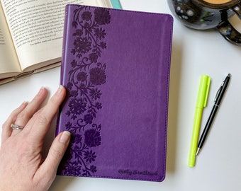 NKJV Large Print Bible - PERSONALIZED - Purple with Floral Spine - Jesus&#39; Words in Red - Includes Custom Engraved Name
