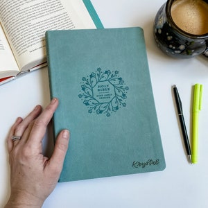 KJV Bible - PERSONALIZED - Teal with Floral Wreath - Includes Custom Engraved Name