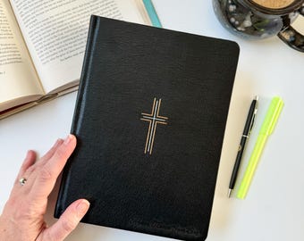 NLT Journaling Bible - PERSONALIZED - Black with Gold Cross - Jesus' Words in Red - Includes Custom Engraved Name