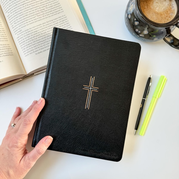 NLT Journaling Bible - PERSONALIZED - Black with Gold Cross - Jesus' Words in Red - Includes Custom Engraved Name