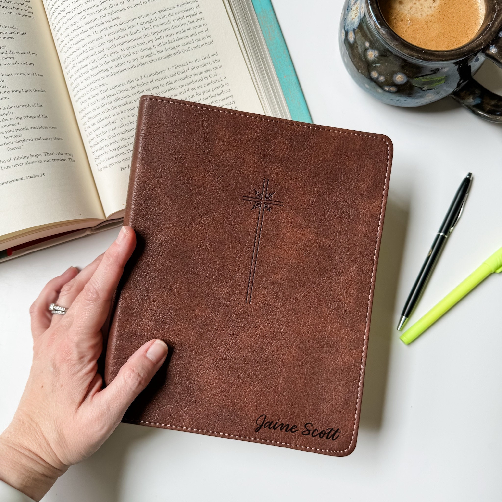 NIV Journaling Bible Large Cross - PERSONALIZED - Brown Journaling Bible with Cross - Includes Custom Engraved Name