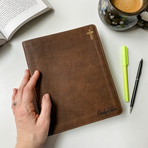 NIV Journaling Bible - PERSONALIZED - Brown Journaling Bible with Gold Cross - Includes Custom Engraved Name