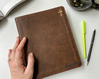 NIV Journaling Bible Gold Cross - PERSONALIZED - Brown Journaling Bible with Gold Cross - Includes Custom Engraved Name