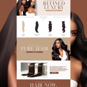 May include: An advertisement for hair extensions features images of women with long, flowing hair. The text includes "Refined Luxury," "Pure Hair," and "Hair Now, Pay Later." Various hair extension styles are displayed, including straight and wavy.