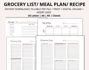 Fillable Grocery List, Grocery List, Meal Plan, Fillable Meal Plan ...