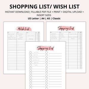 Einkaufsliste, Wunschliste, befüllbare Einkaufsliste, Editierbare Einkaufsliste, Goodnotes Einkaufsliste, Einkaufsliste Einlagen, A5, Classic, A4
