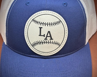 LA Hat, Los Angeles cap, White and Royal blue adjustable trucker hat, Faux Leather Patch, LA Baseball cap, Dodgers Hat