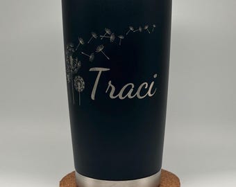 Dandelion Personalized Tumbler, 20oz Black, Laser engraved, Stainless steel tumbler with lid, Travel Coffee Thermos, Gift for Her, mom