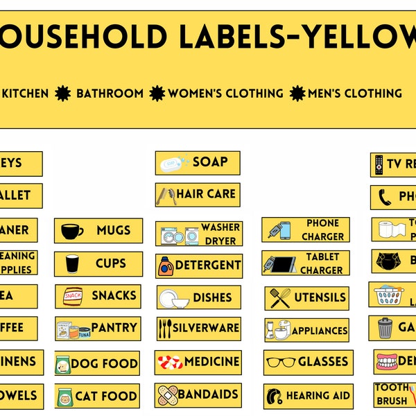 Yellow Printable Household Memory Labels for Dementia/Memory Loss/Cognitive Deficit