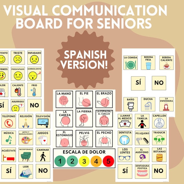 Senior Adult/Geriatric Spanish Communication Board for Non Verbal/Limited Verbal Communication Pic Symbols/Cue Cards/SLP/OT/Nursing/Aphasia
