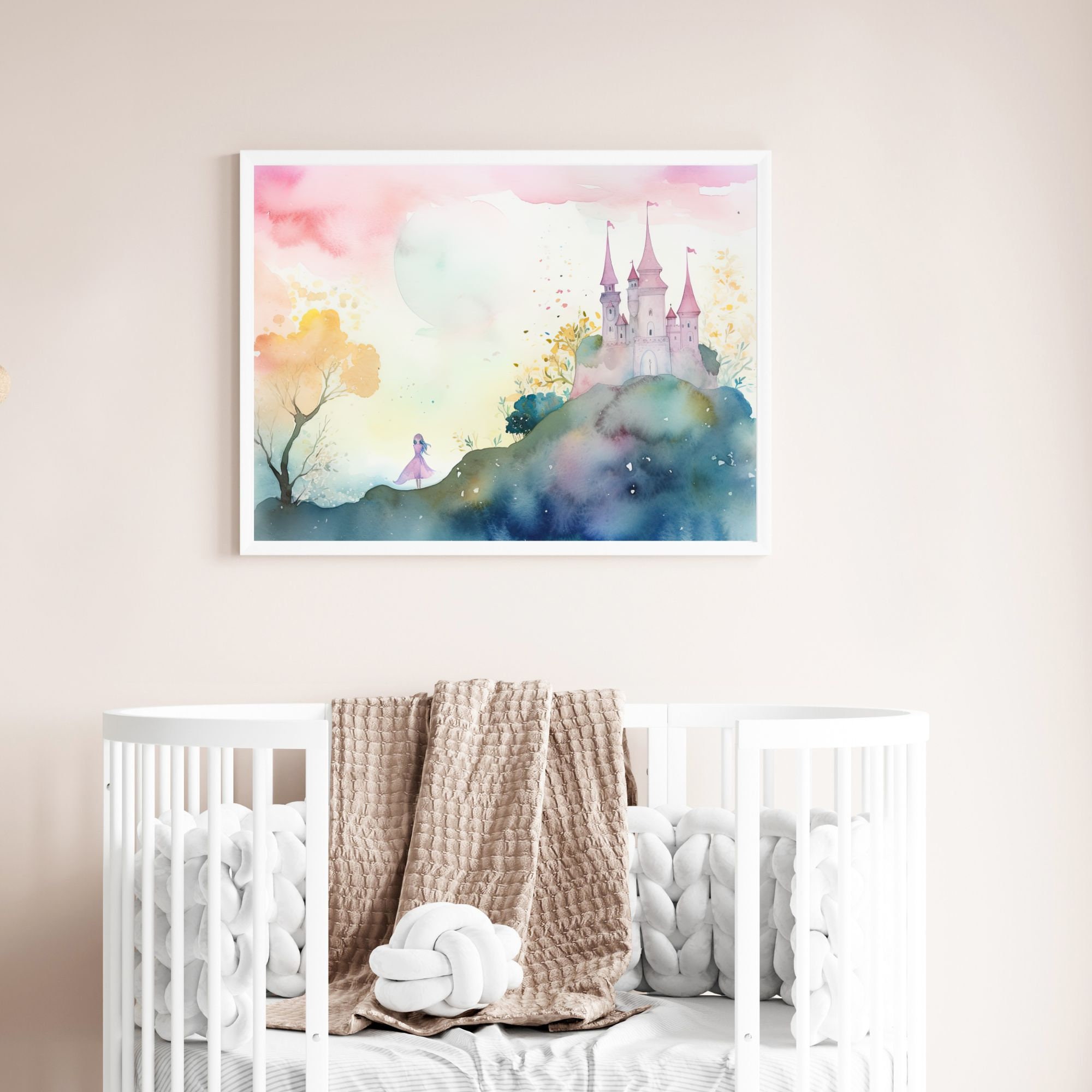Princess Castle Wall Art | Watercolor Nursery Print | Fairy Tale Pastel ...