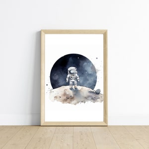 Kids Space Room Decor | Astronaut on the Moon Printable Wall Art | Watercolor Galaxy Digital Download | Nursery Stars Art