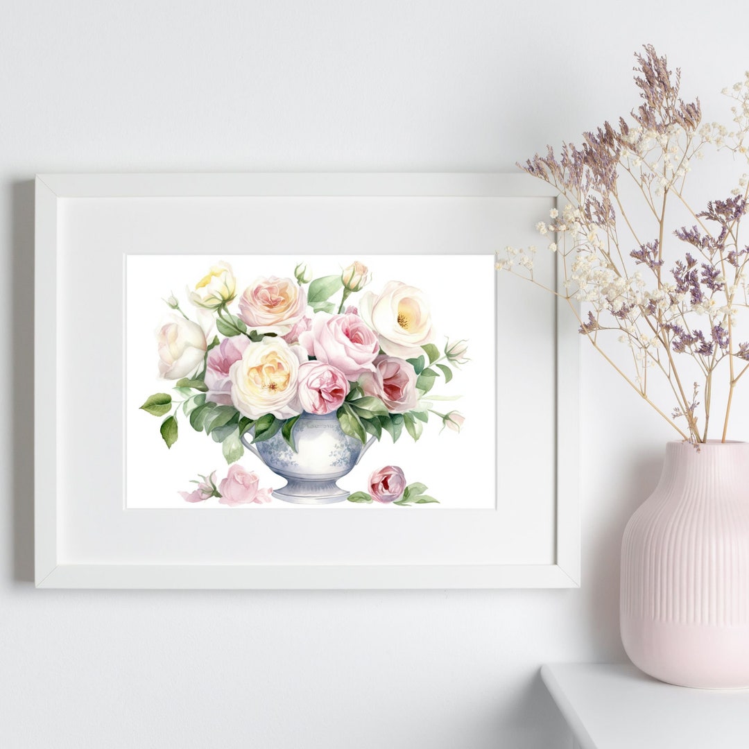 Watercolor Rose Bouquet | Vintage Vase Floral Print | Pink and White ...