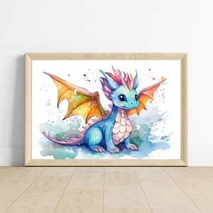 Watercolor Dragon Wall Art | Colorful Dragon Nursery Printable | Boys Room Decor | Orange Wings | Fairytale Kids Art | Digital Download