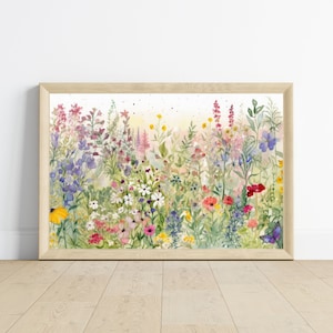 Watercolor Wildflower Field Printable | Colorful Flower Garden Wall Art | Pastel Botanical Landscape | Digital Download Home Decor