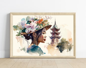 Watercolor Woman with Flowers in Hat, Pink Flowers, Pagoda, Colorful Print, Red Lips, Watercolor Wall Art, Asia, Modern Wall Decor, Portrait