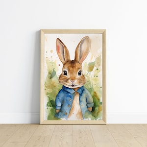 Könnte beinhalten: Ein Aquarellbild eines braunen Kaninchens, das eine blaue Jeansjacke trägt. Das Kaninchen ist von grünen und gelben Aquarellspritzern umgeben.