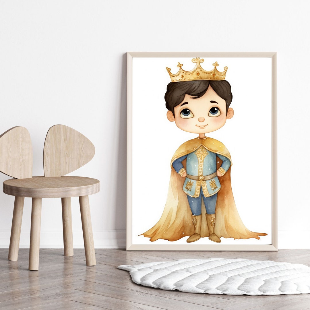 Watercolor Prince With Brown Hair, Wearing a Crown, Fairytale, Boys ...