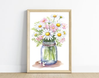 Watercolor Daisy Bouquet Printable | Pink and White Wildflowers in Mason Jar | Cottagecore Farmhouse Wall Art | Digital Download