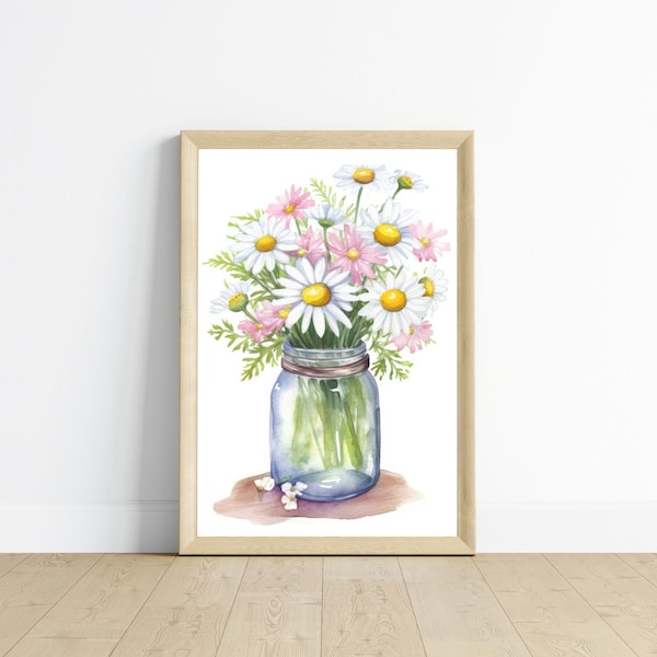Watercolor Daisies, Mason Jar Printable, Floral Decor, White and Pink Daisies, Daisy Art, Wildflower Bouquet, Flowers in a Jar
