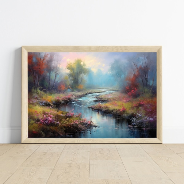 Watercolor Painting of Stream, Printable Wall Art, Living Room Decor, Forest Landscape Art, Wilderness, Forest, Mountains, River