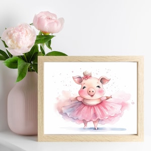 Adorable cerdo de acuarela en tutú, decoración divertida de la habitación para niños, arte del cerdo de ballet, animal de granja feliz, decoración de la habitación de las niñas, cerdo de ballet encantador, arte de la guardería
