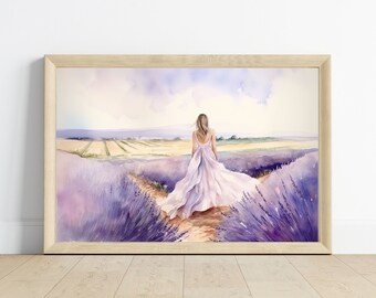 Mujer en un campo de lavanda / Mujer con vestido suelto / Paisaje de acuarela púrpura / Descarga digital inspirada en la naturaleza / Decoración de pared femenina